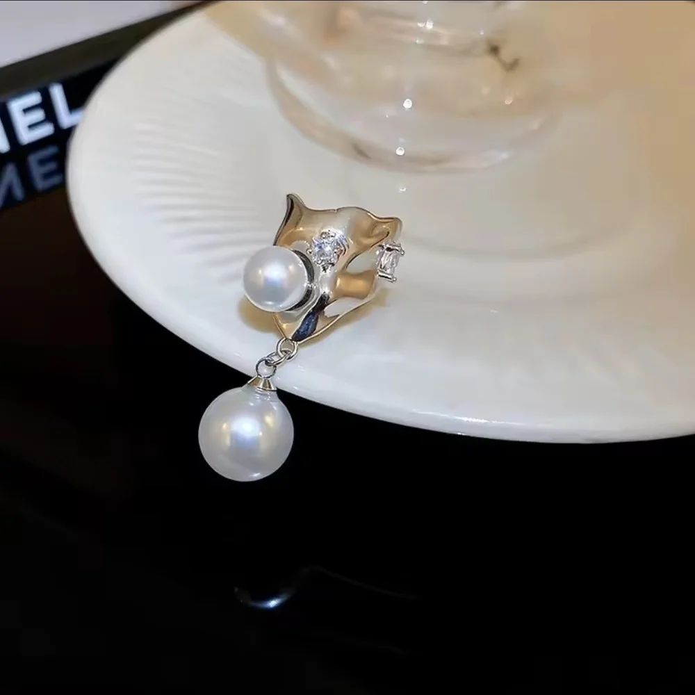 Silver-Tone Double Pearl Drop Earrings - Picture 3 of 7